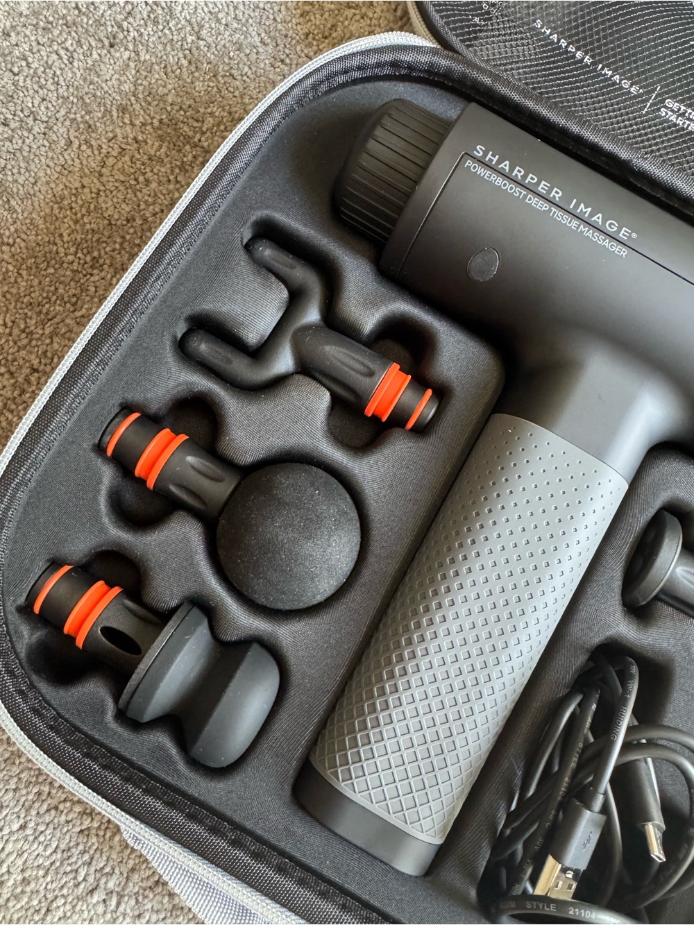 Sharper Image Gray and Black Percussion Massage Gun with Orange Accents - Picture 3 of 6